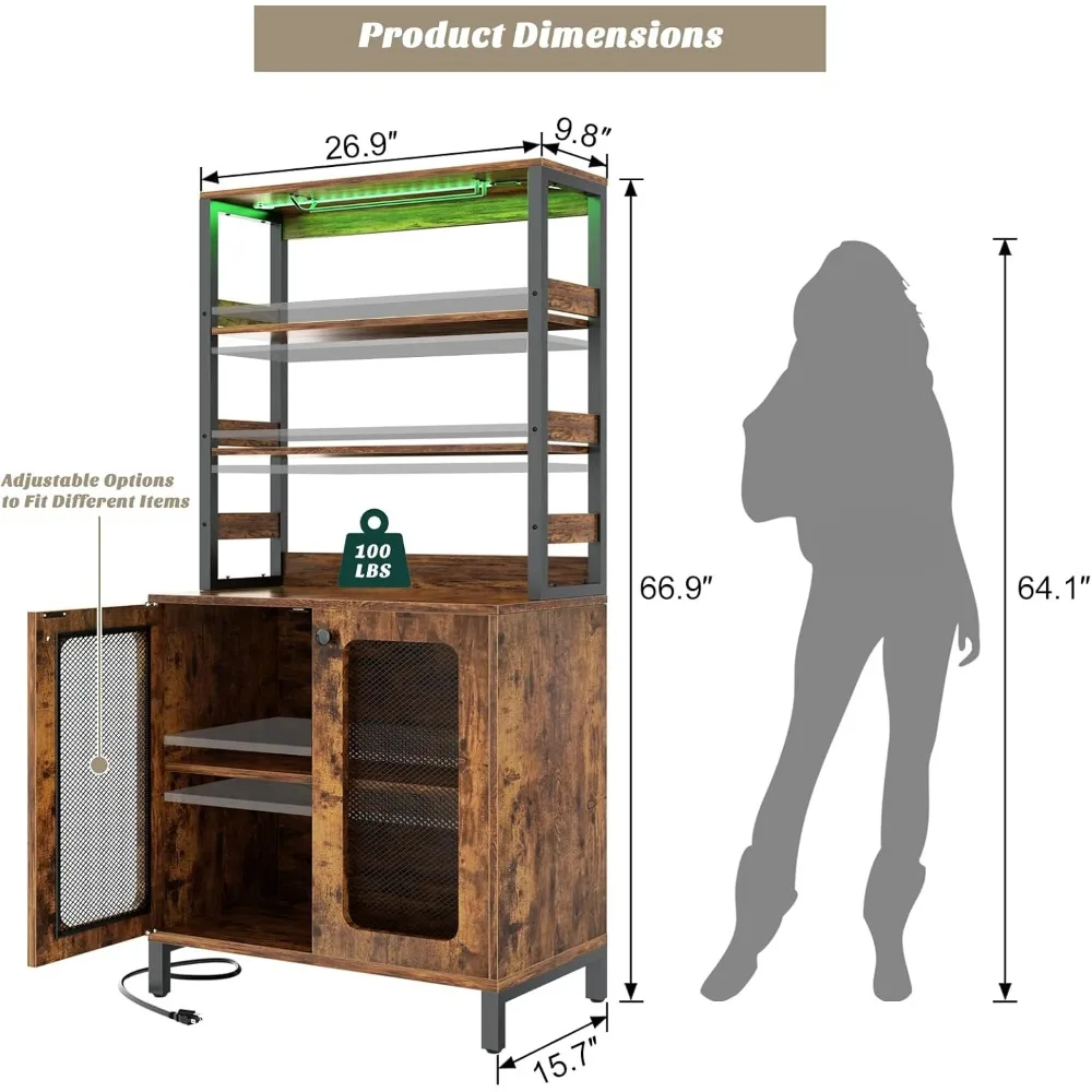 Bar Cabinet with Power Outlets,  67" Tall Wine Bar Cabinet Liquor Cabinet with LED Lights & Glass Holder