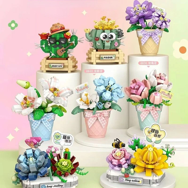 Loz-女の子と女性のための花のビルディングブロック,バレンタインデーのギフトセット,バラ,ロマンチックな花飾り