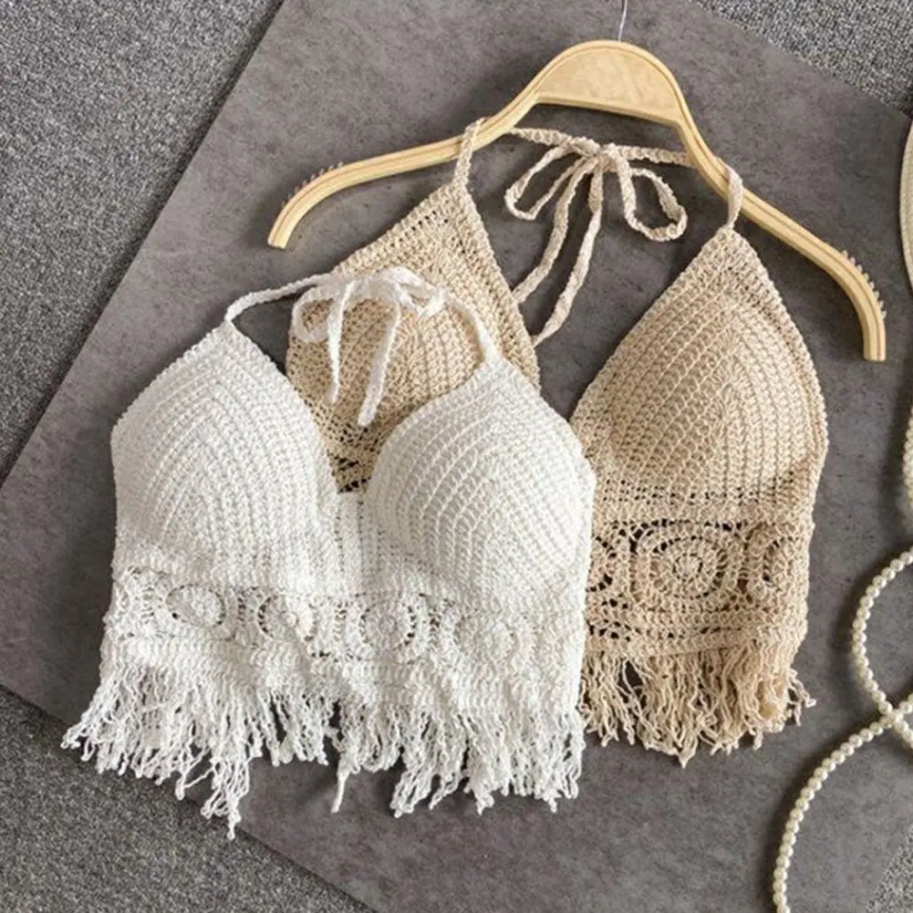 Top Halter de ganchillo para mujer, Top corto de punto para playa con flecos, blusa estilo bohemio con cordones y espalda descubierta, ropa para vacaciones y Festival