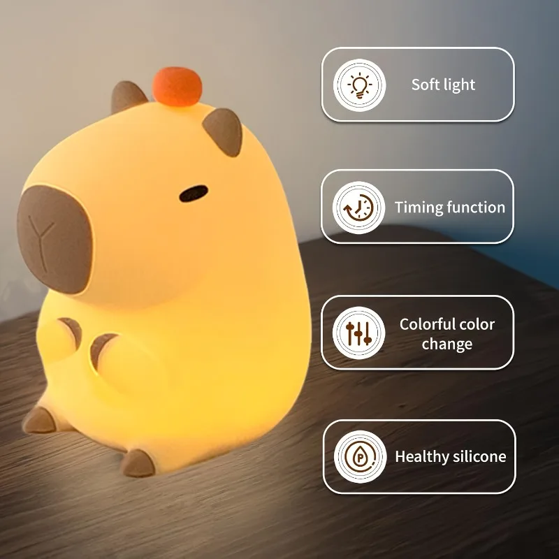 Moderne Capybara-Nachtlichtlampe mit Tiermotiv und Touch-Control-Timer-Funktion, wiederaufladbar über USB, für verschiedene Räume, perfektes Geschenk