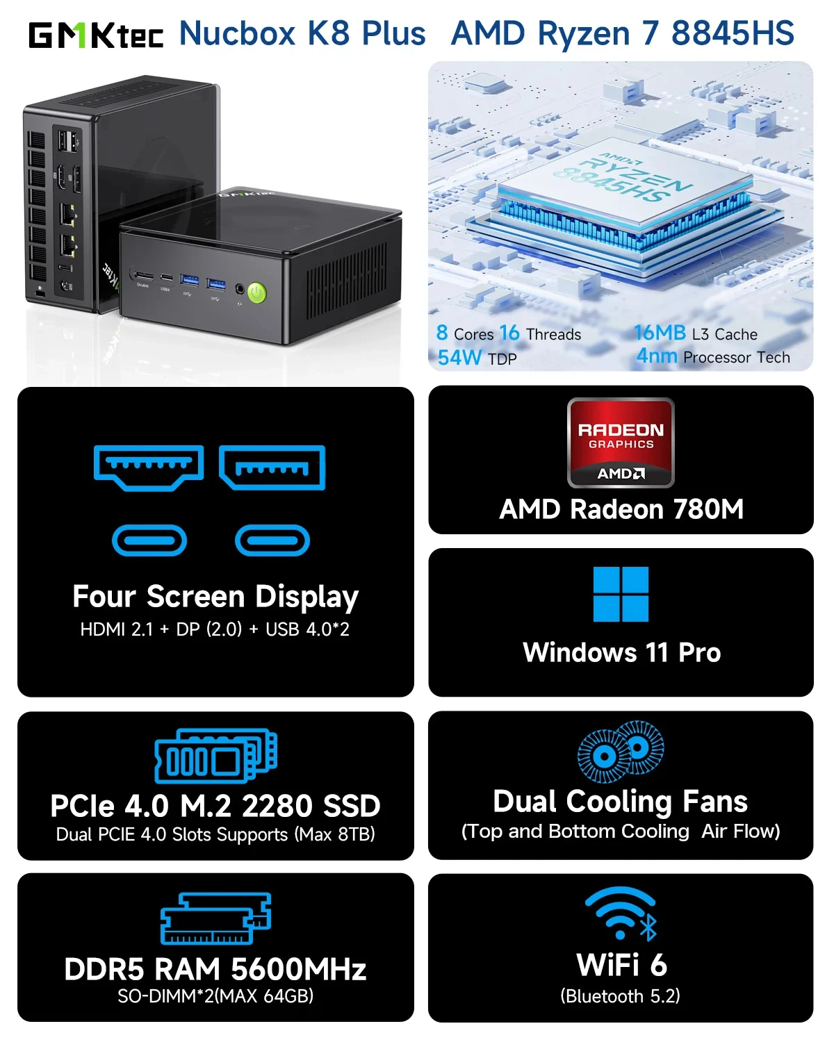 GMKtec K8 PLUS MINI PC Windows 11 Pro DDR5 5600Mhz (Up to 96GB) PCIe4.0 Nvme SSD WIFI6 BT5.2 Mini PC Desktop Gaming Computer