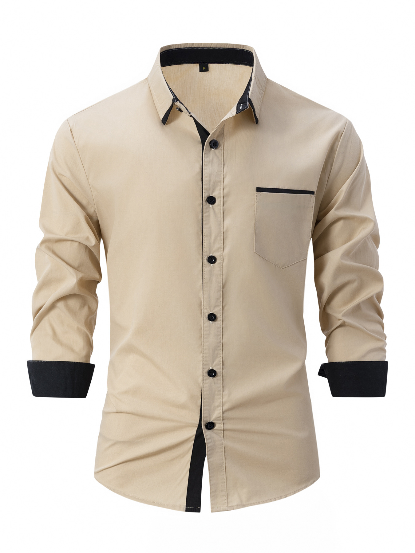 Camisa informal de negocios para hombre, color sólido a la moda, versátil, camisa de algodón con solapa de manga larga, bolsillo, primavera y otoño