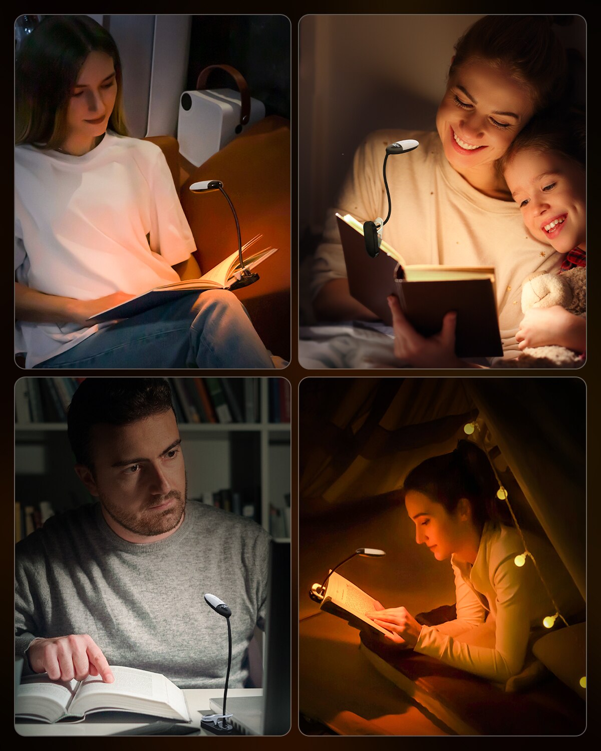 3 Colors 5 Brightness Displays Battery Power Rechargeable Mini LED Reading Light Flexible Easy Clip Night Reading Lamp in Bed