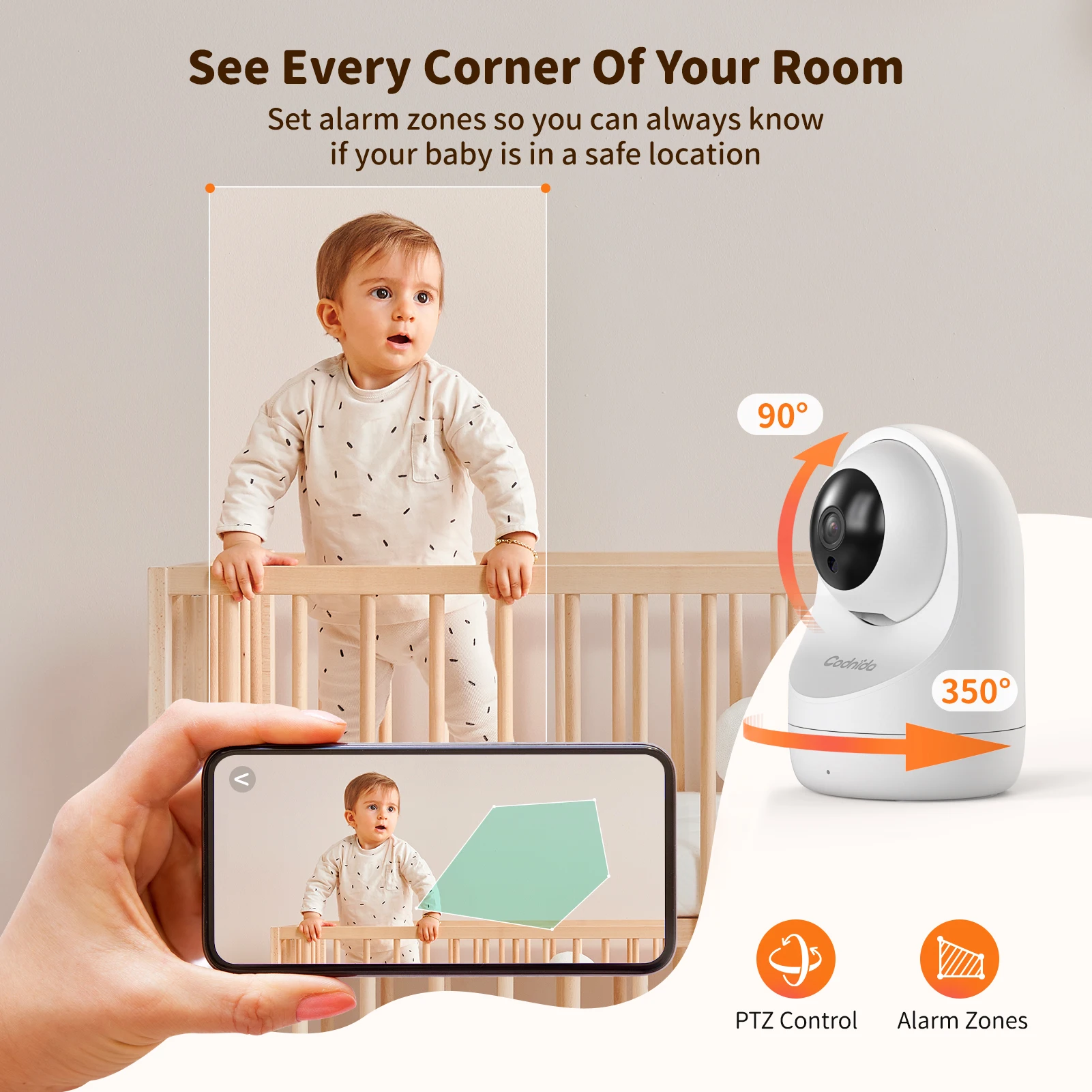 Monitor de bebê câmera de segurança de vigilância wi-fi com tela LCD de 5,5 '', PTZ/detecção de movimento/transporte, visão noturna, aplicativo, temperatura
