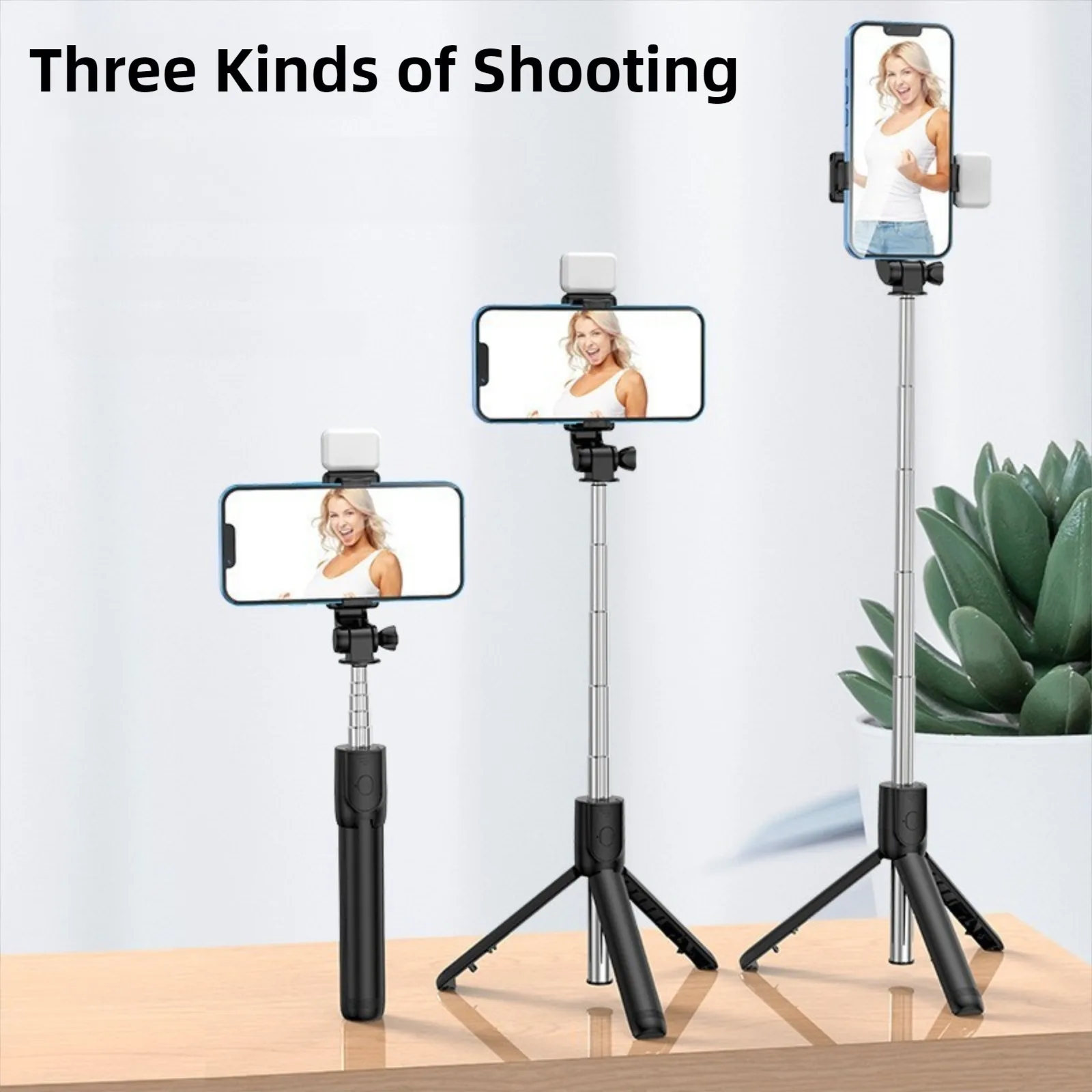 Drahtloses Bluetooth-Selfie-Stick-Stativ mit ausziehbarem Fernstativ und abnehmbarem LED-Selfie-Licht für iOS- und Android-Smartphones