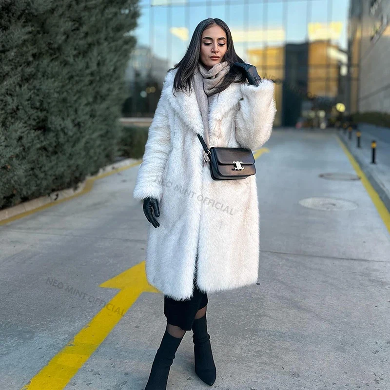 Neo Mint Slouchy Chic Gradient ยาว Eco Faux Fur Coat ผู้หญิงฤดูหนาวหนา Warm Fluffy Fox Fur Jacket แบรนด์แฟชั่นสาวเสื้อกันหนาว