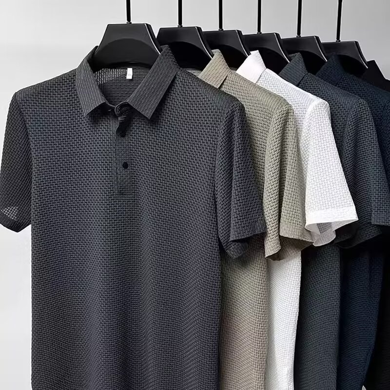 T-shirt polo a maniche corte cava Lop-up da uomo nuova estate T-shirt moda business traspirante in seta di ghiaccio Abbigliamento di marca maschile