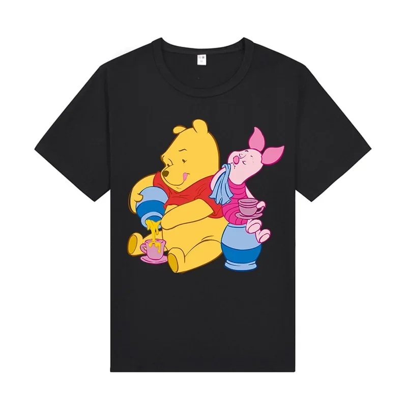 Atasan Lengan Pendek Disney Kaus Lengan Pendek Winnie The Pooh Kartun Gaun Musim Panas Baru Wanita Atasan Longgar Gadis Lucu