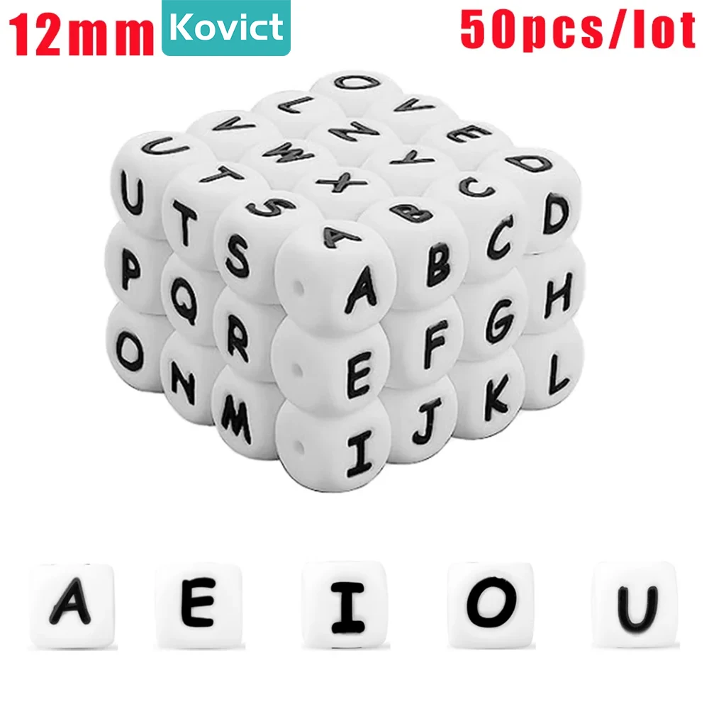 50 개/몫 실리콘 구슬 편지 12mm 흰색 실리콘 알파벳 구슬 DIY 팔찌 젖꼭지 체인 액세서리 보석 만들기위한