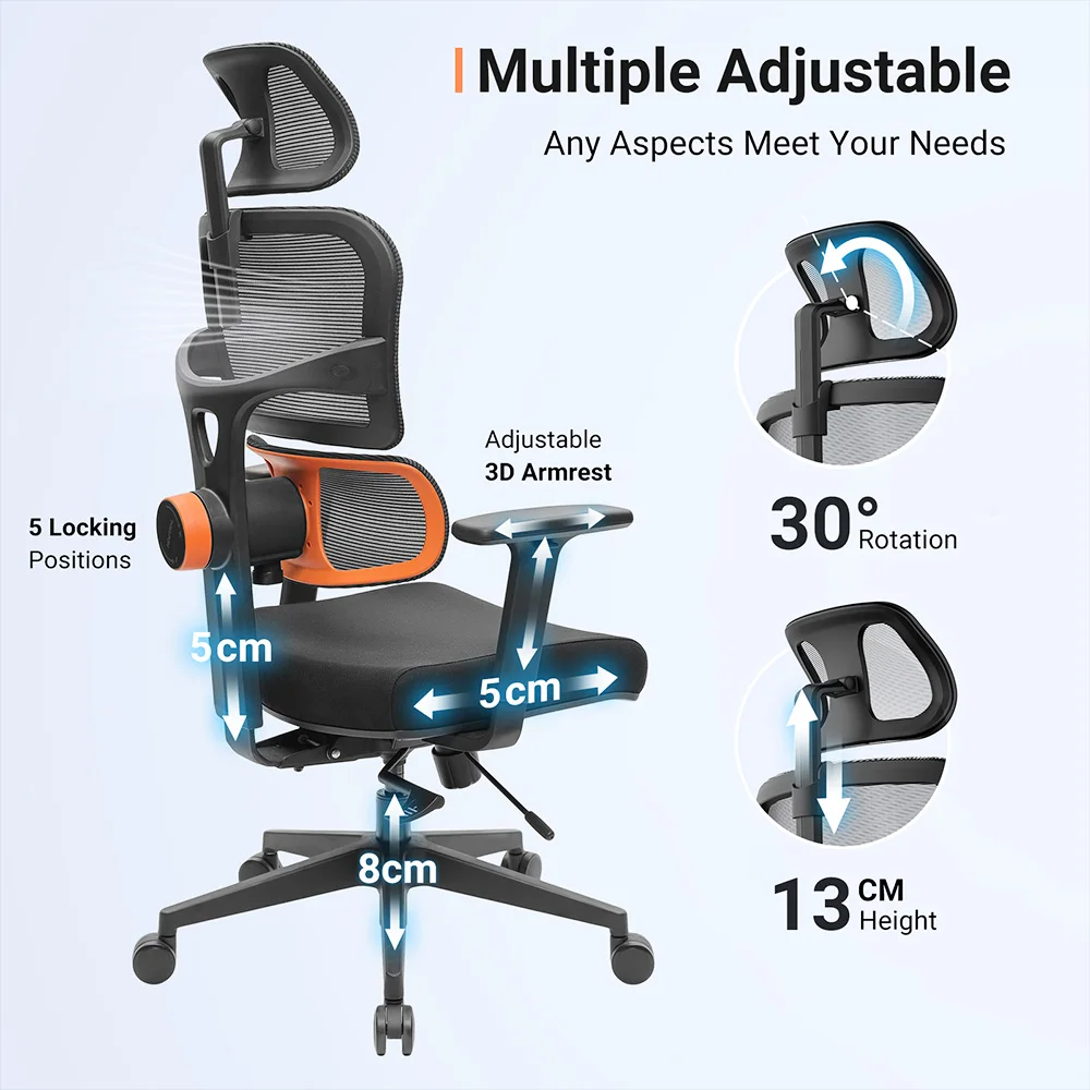 NEWTRAL-Cadeira Ergonômica com Nylon Base, Adaptive Suporte Lower Back, 3 Recline Ângulo, Encosto Ajustável, Braço Encosto de Cabeça, NT001