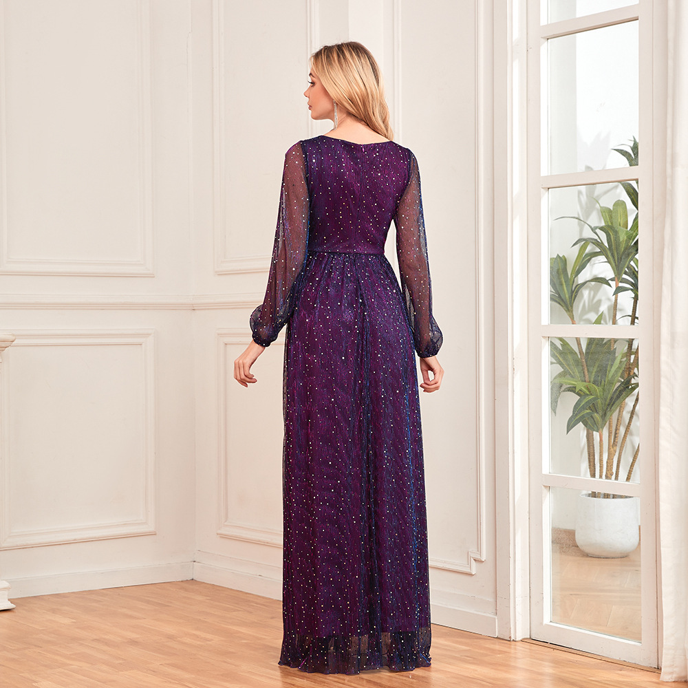 Eleganter, hell funkelnder, plissierter, langärmliger Damen-Swingrock mit V-Ausschnitt und durchgehendem Futter und elastischem Bund in A-Linie für besondere O-Linie