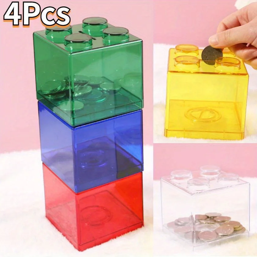 4 doorzichtige plastic bouwstenen spaarpotten, muntspaardozen, spaarpotten, muntenboxen, spaarpotten, kinderspeelgoedcadeaus