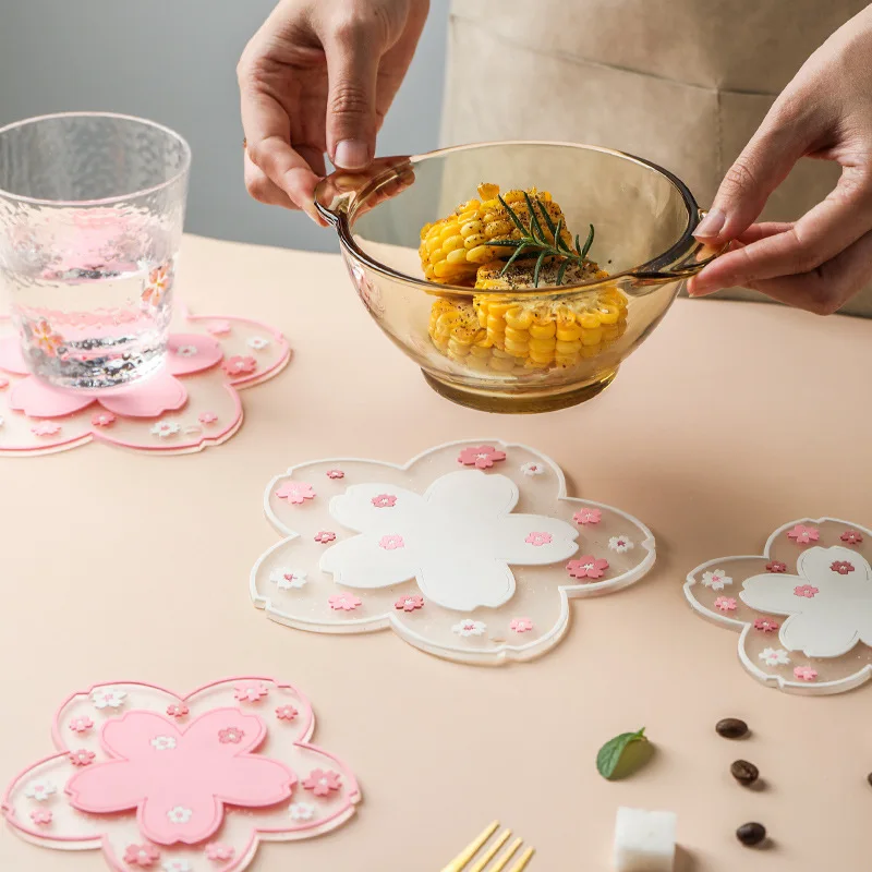 Kawaii Cherry Blossom Desk Mat Coffee Cup Coaster Heat Insulation Table Mat for Tea Milk Mug Home Decors Office Desk Organizer