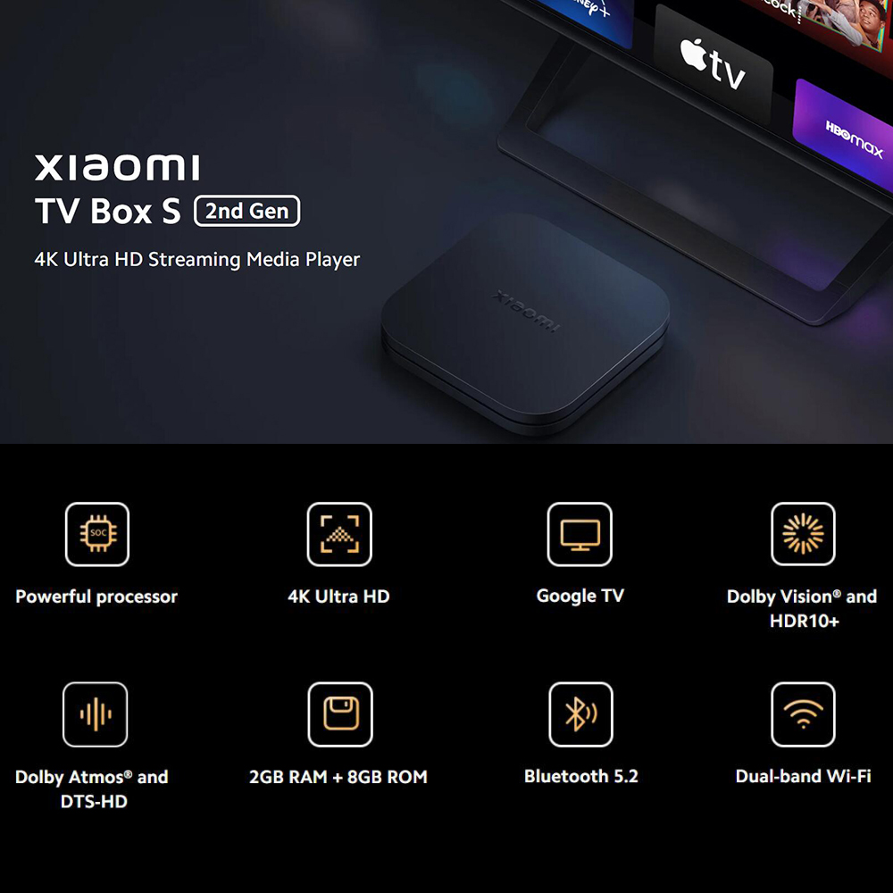 Xiaomi TV Box S 2nd Gen, Google TV smart tv Box, processore Quad-core 4K Ultra-HD Dolby Vision HDR10 + Google Assistant,BT 5.2