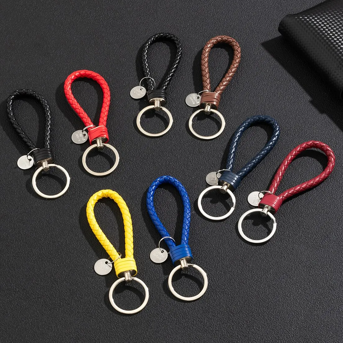 PU 가죽 편조 우븐 로프 키체인, DIY 가방 펜던트 키체인, 거치대 키 자동차 장신구 키링, 남녀공용 선물 쥬얼리, 세트당 2 개