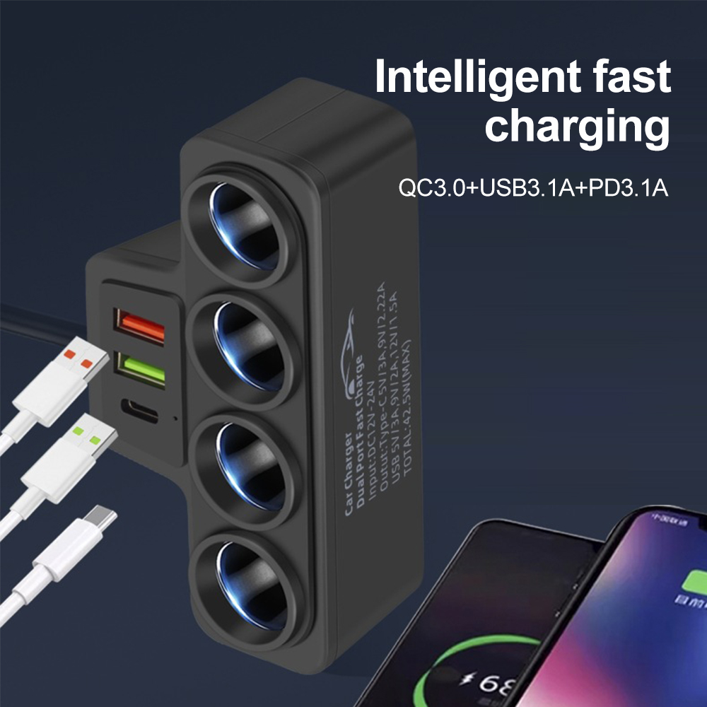 4 in 1 USB-Ladegerät 120 W Auto-Zigarettenanzünder-Splitter 12 V 24 V Schnellladegerät Stecker Telefon-Netzteil USB + QC3.0 + PD3.1 A