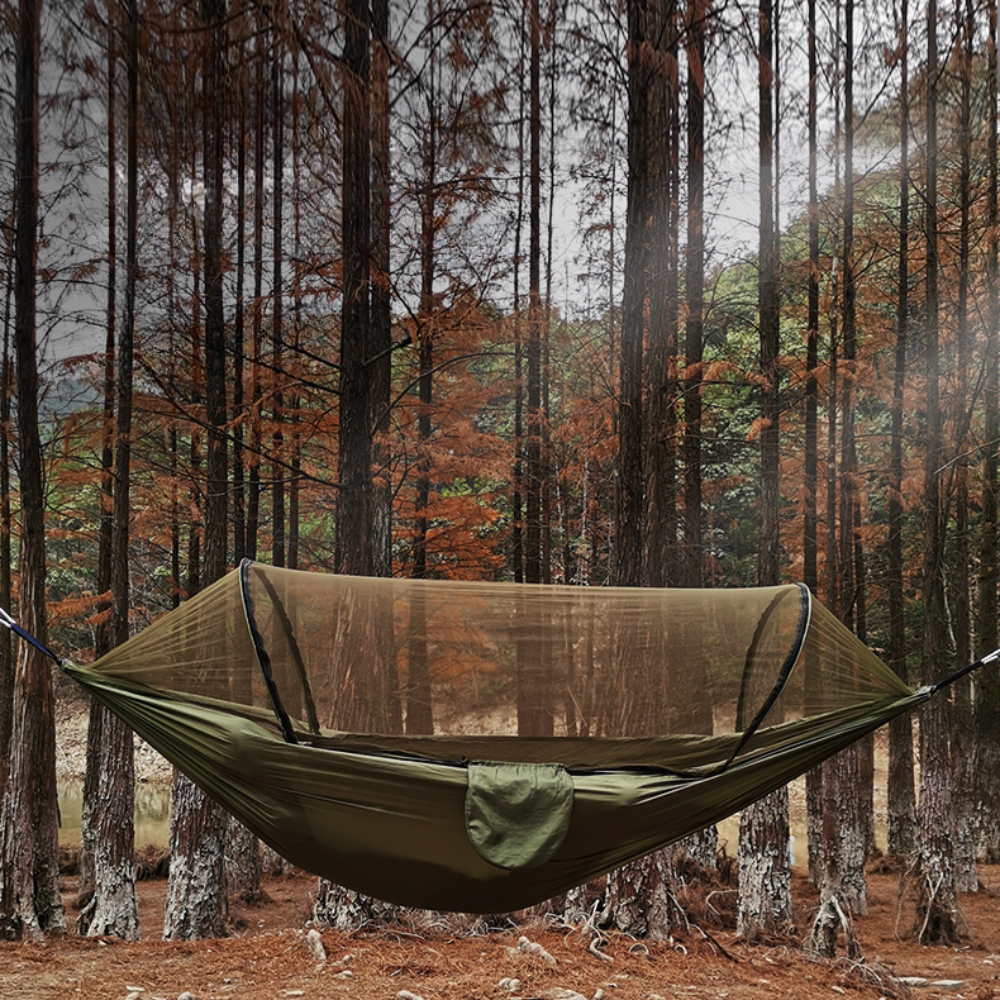 Camping Hammock อัตโนมัติ Quick เปิดมุ้งกันยุงกลางแจ้ง Camping เต็นท์ความแข็งแรงสูงผ้าร่มชูชีพแขวนเตียงสุทธิ