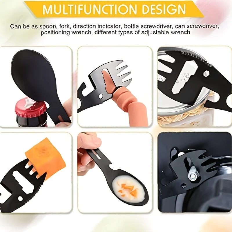 Spork multifunzionale 10 in 1: cucchiaio per utensili portatile in acciaio inossidabile, apriscatole, coltello seghettato, chiave inglese, indicatore di direzione