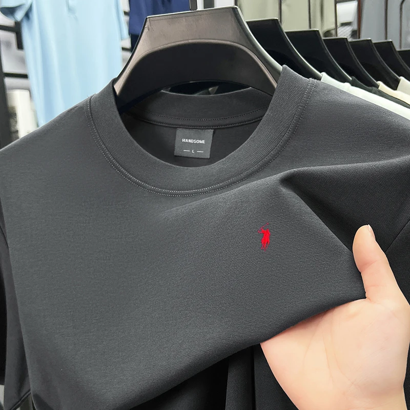 ที่มีคุณภาพสูงผ้าฝ้าย mercerized breathable แขนสั้นเสื้อยืดผู้ชายออกแบบฤดูร้อนใหม่พอลแบรนด์เย็บปักถักร้อยแฟชั่นเกาหลีลำลองรอบคอด้านบน