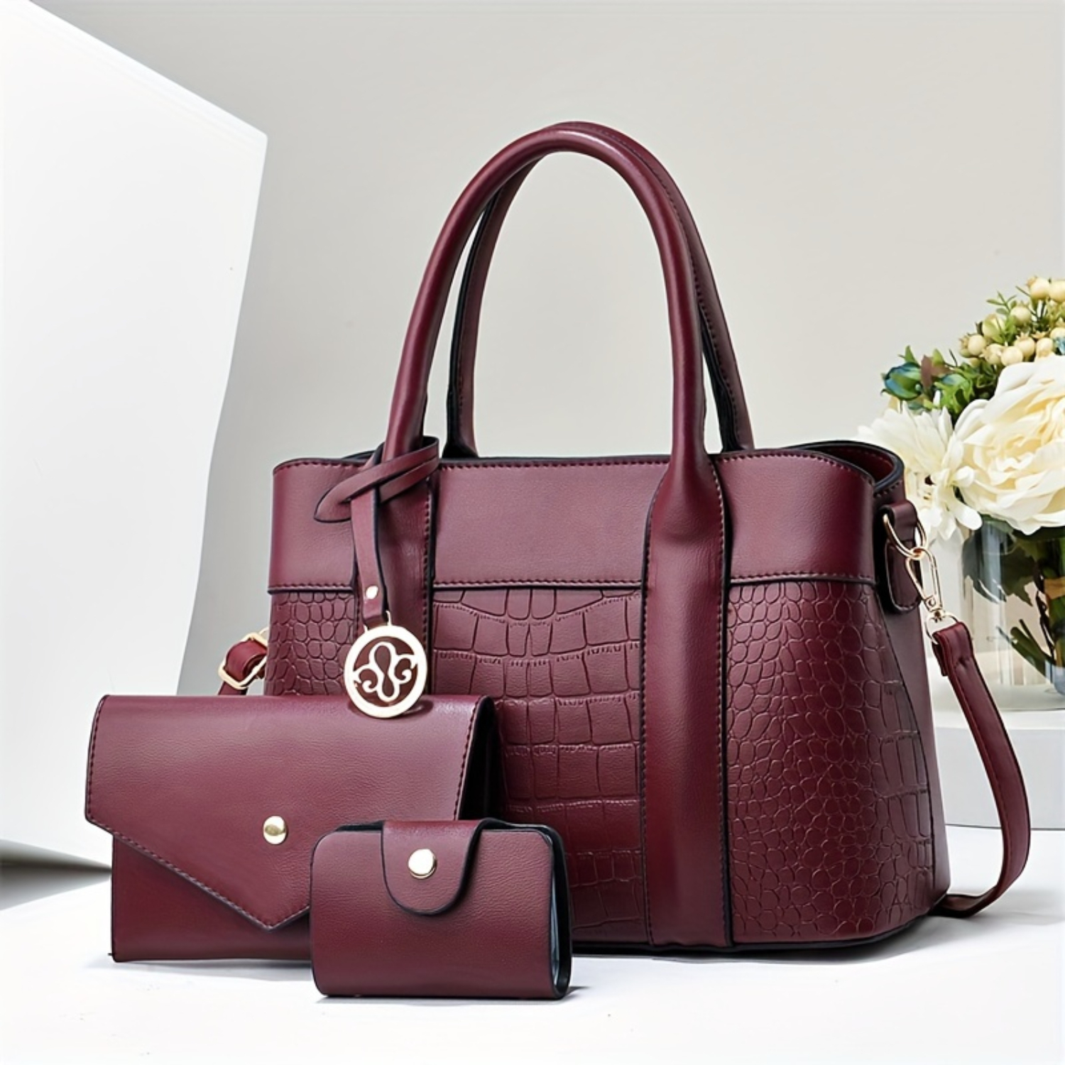 Conjunto de bolsa da moda: sacola com padrão de crocodilo, bolsa de ombro e embreagem, bolsa de couro PU texturizada