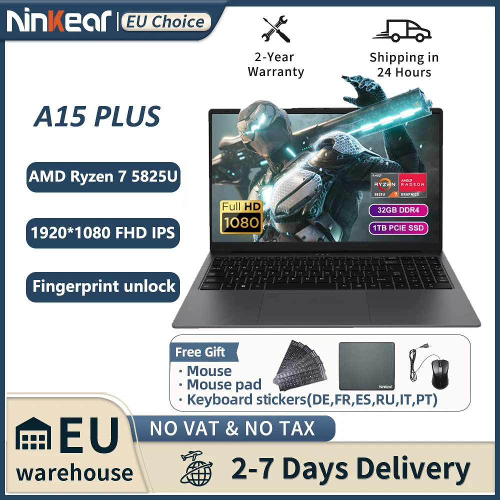 Ninkear A15 PLUS Laptop 15,6" IPS FHD AMD Ryzen 7 5825U Notebook 32G DDR4 3200Mhz + 1TB PCI-E 57Wh batterij Windows 11 PRO Computer