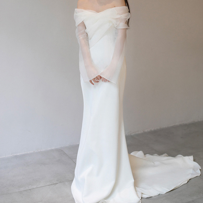 GIYSILE Vestido de noiva leve de cetim com um ombro, corte simples e fino, doce, manga comprida, vestido de noite de noiva