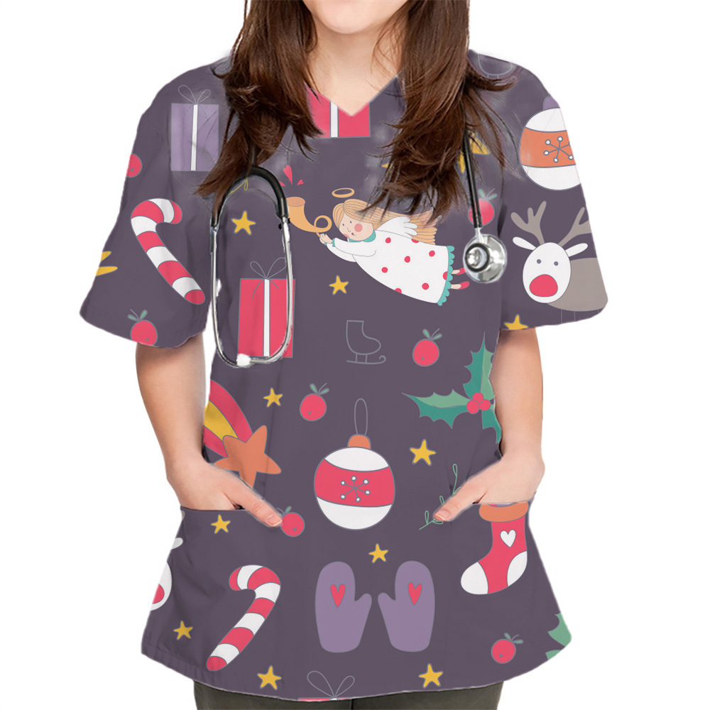 Uniforme clínico con estampado navideño para mujer, ropa de enfermera, cuello en V, manga corta, bolsillos, uniforme de enfermeras