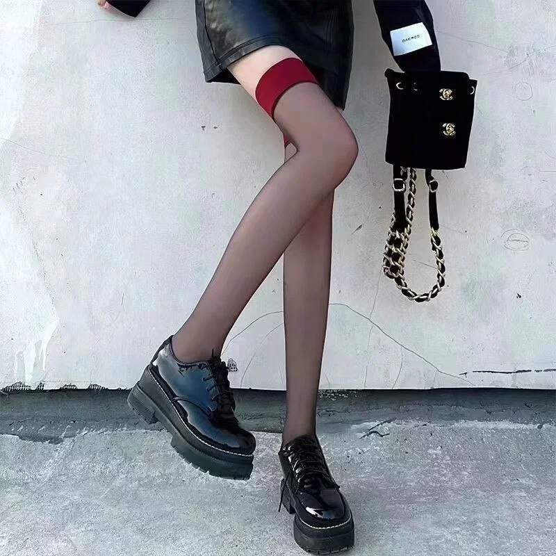 Calcetines largos por encima de la rodilla con borde rojo para mujer, medias altas hasta el muslo transparentes de encaje gótico, medias sólidas de seda fina Punk JK