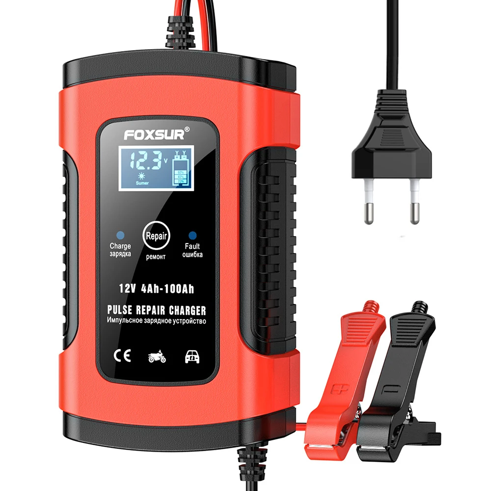 FOXSUR 12V 5A cargador de batería de coche automático cargadores de reparación de pulso de potencia batería de plomo ácido seco húmedo Digital para pantalla LCD SUV