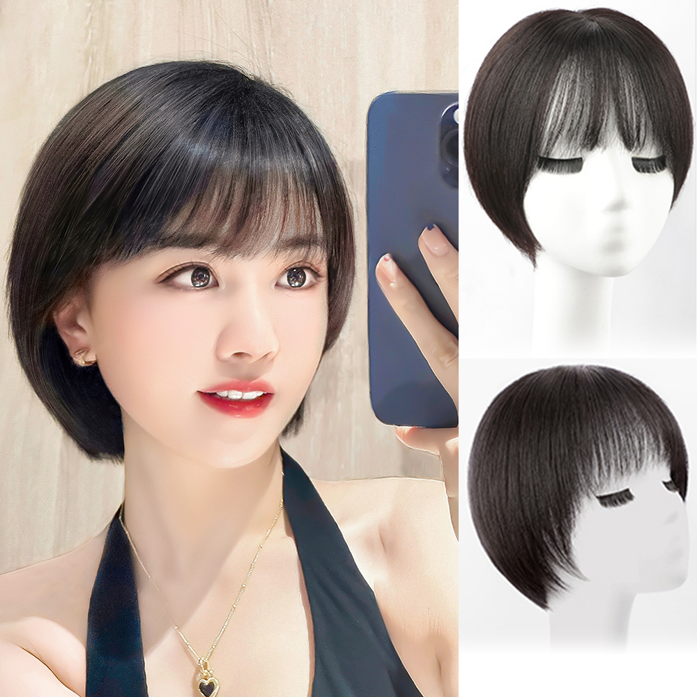 女性のためのフリンジ付きショートブラックボブウィッグ、人間の髪の毛、ストレート、ソフト、ナチュラル、デイリー、パーティーウェア