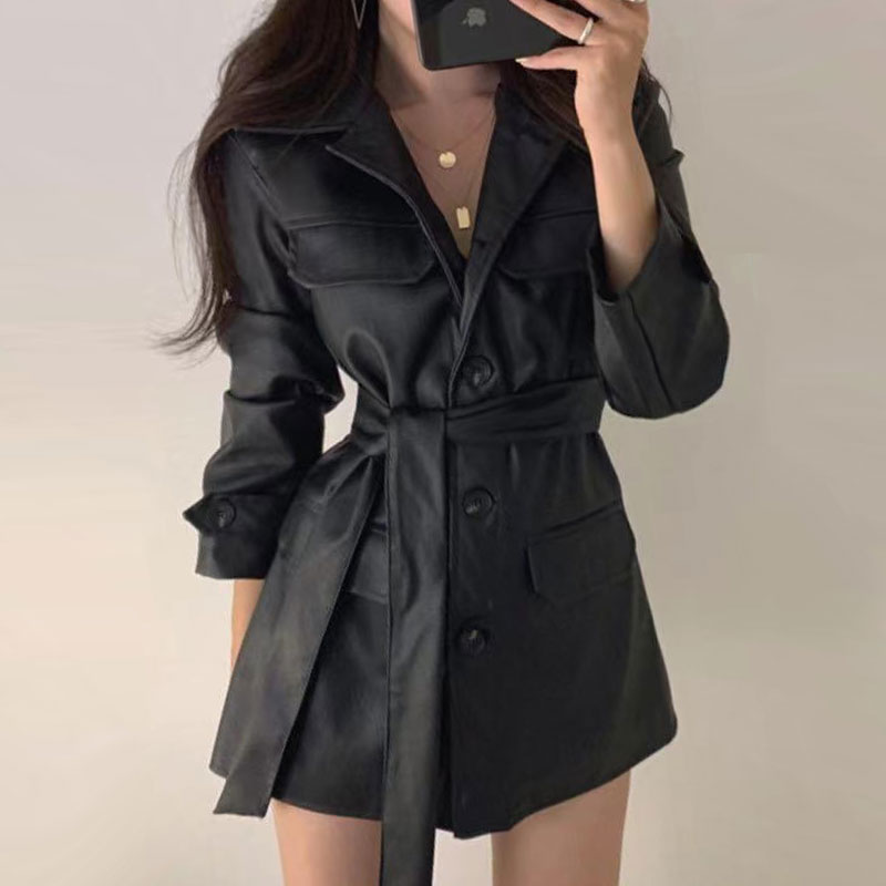 Slish Retro Deep Brown PU Leather Jacket Mid-Length Biker Coat for Women Trendy Autumn Winter Outerwear Casual Commute