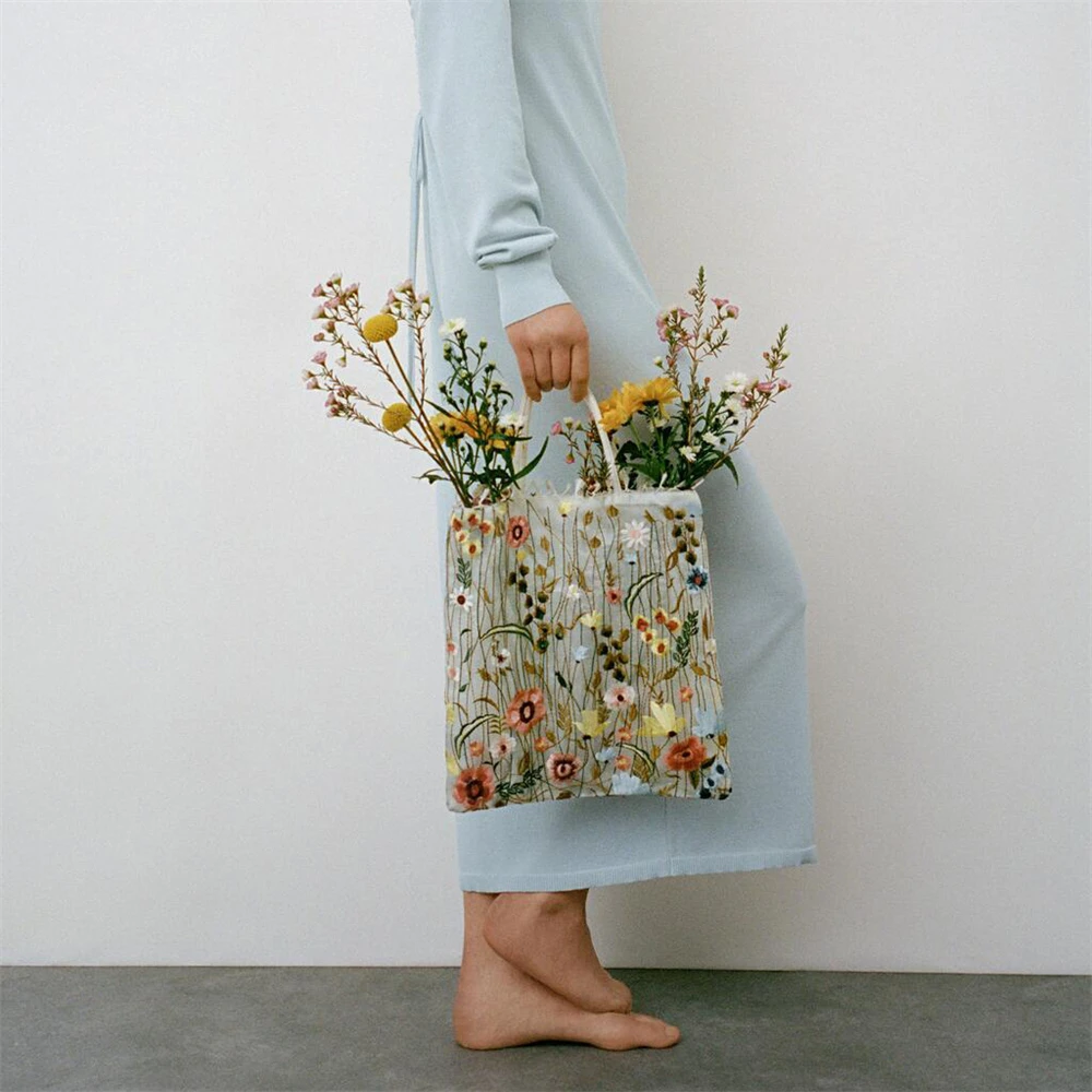 Bolso de mano a la moda, novedad de verano, estilo de malla, bordado completo de flores, bolso de hombro transparente, bolso romántico, bolso de compras ecológico para chica y mujer