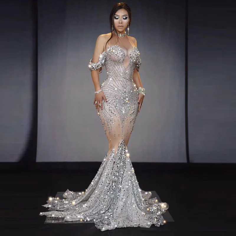 2025 Popular vestido de rejilla elegante con lentejuelas de cristal brillante, vestido de novia con hombros descubiertos, vestidos de mujer para fiesta y boda