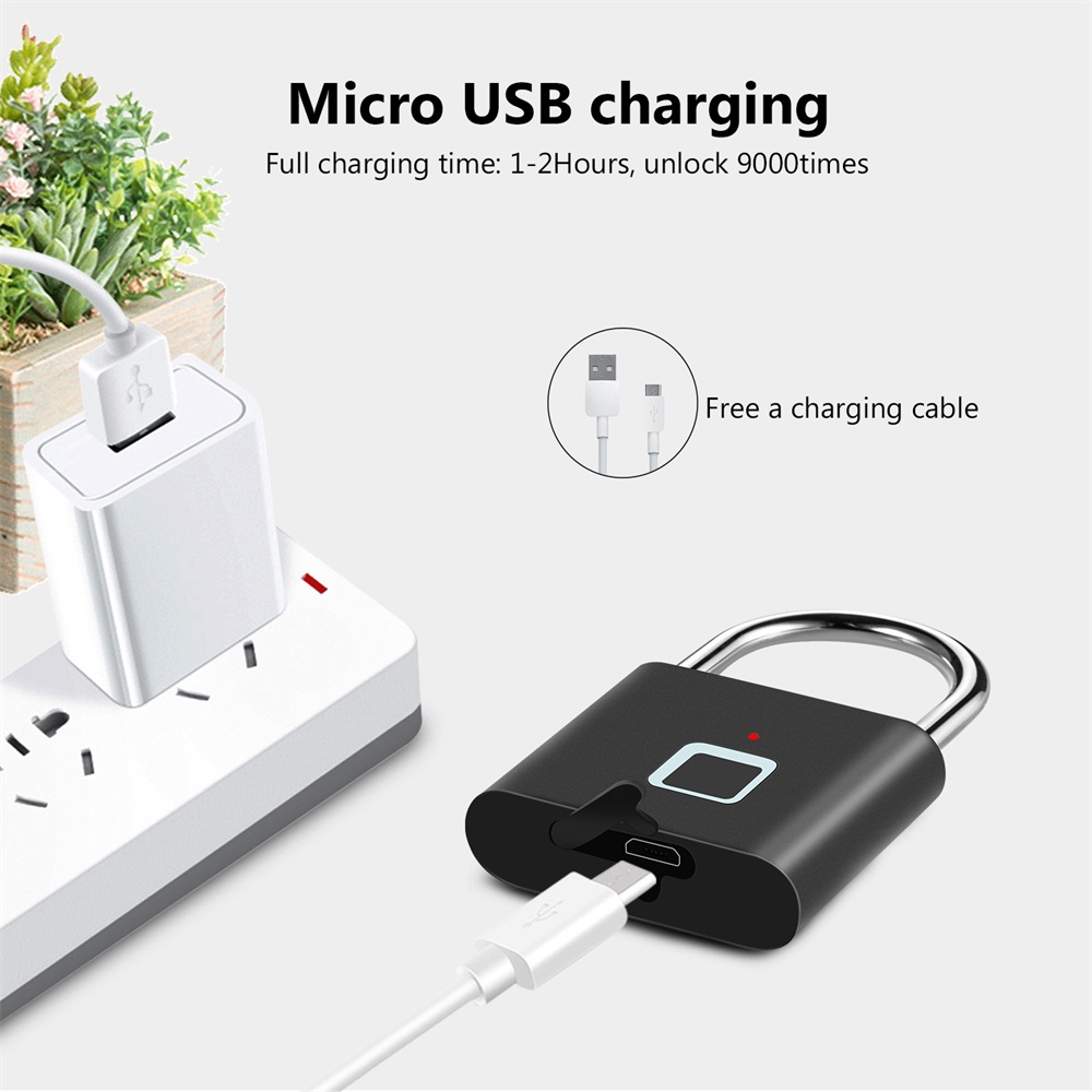Keyless carregamento usb bloqueio de impressão digital cadeado inteligente à prova dwaterproof água fechadura da porta 0.2sec desbloquear portátil anti-roubo cadeado zinco