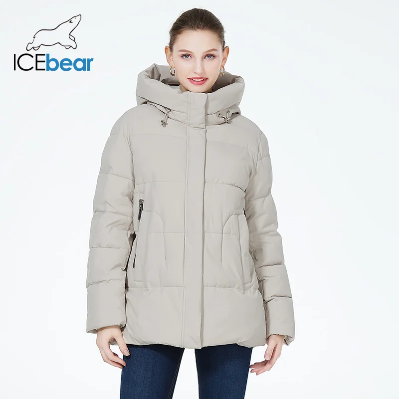 Icebear 2023เสื้อคลุมตัวสั้นให้ความอบอุ่นสำหรับผู้หญิง, เสื้อคลุมซิปเสื้อแขนยาวกันลมมีฮู้ด GWD3911I