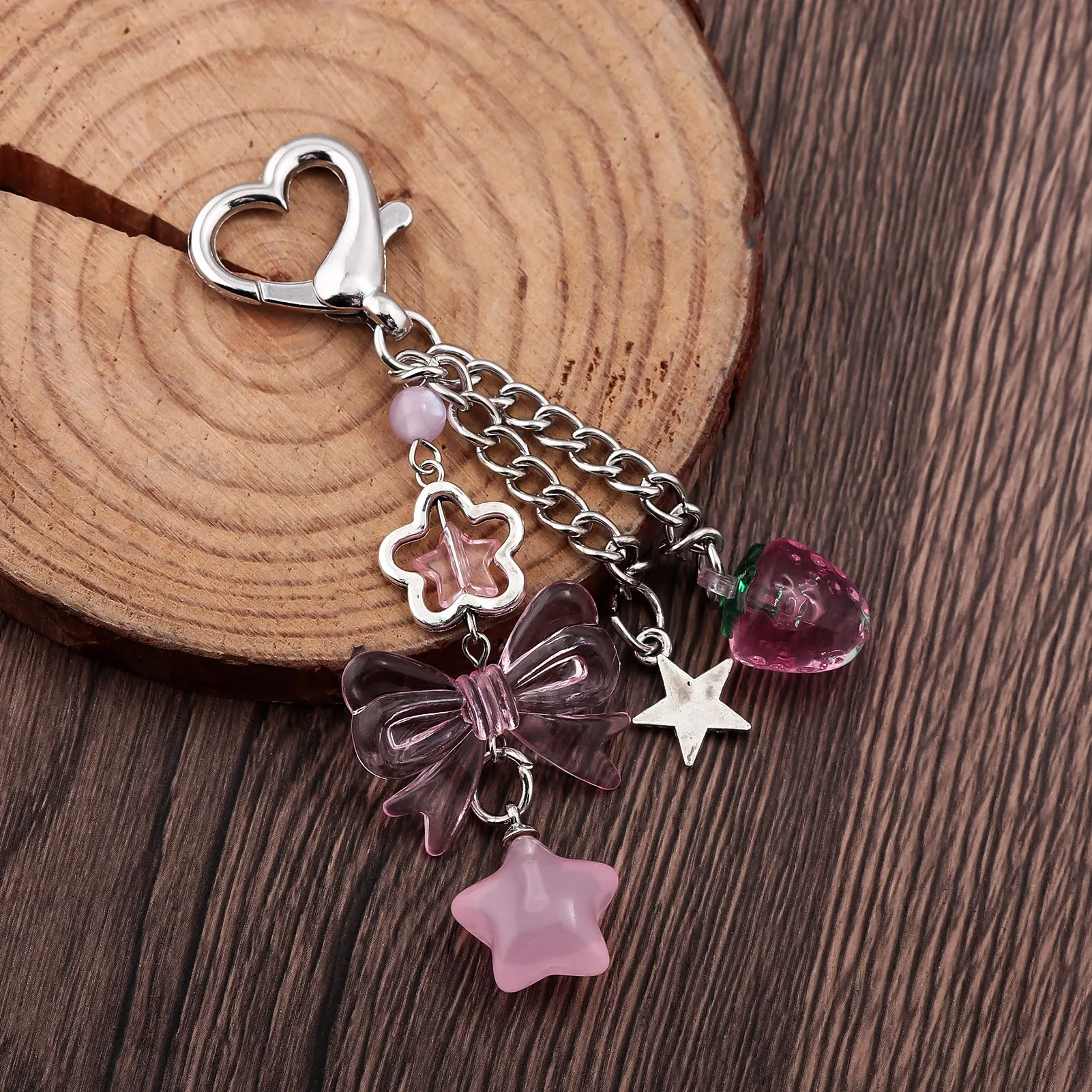 1 pz portachiavi con fiocco stile dolce ciondolo rosa telefono cellulare creativo catena corta amore stella a cinque punte accessori decorazione borsa