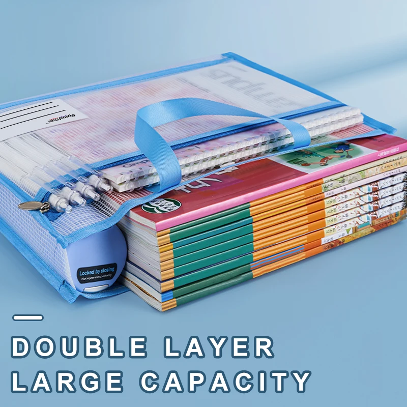 [Spacious Organizer] A4 Pocket Folders Widen Double-Layer Mesh File Storage Bag With Handle Transparent File Bag Large Capacity