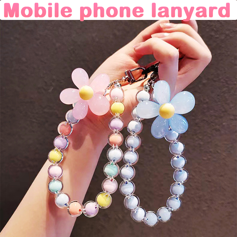 Cordón de pétalos de cuentas de colores para IPhone, pulsera antipérdida para funda de teléfono móvil Samsung, correa de muñeca, llavero de coche, bonito abalorio para teléfono