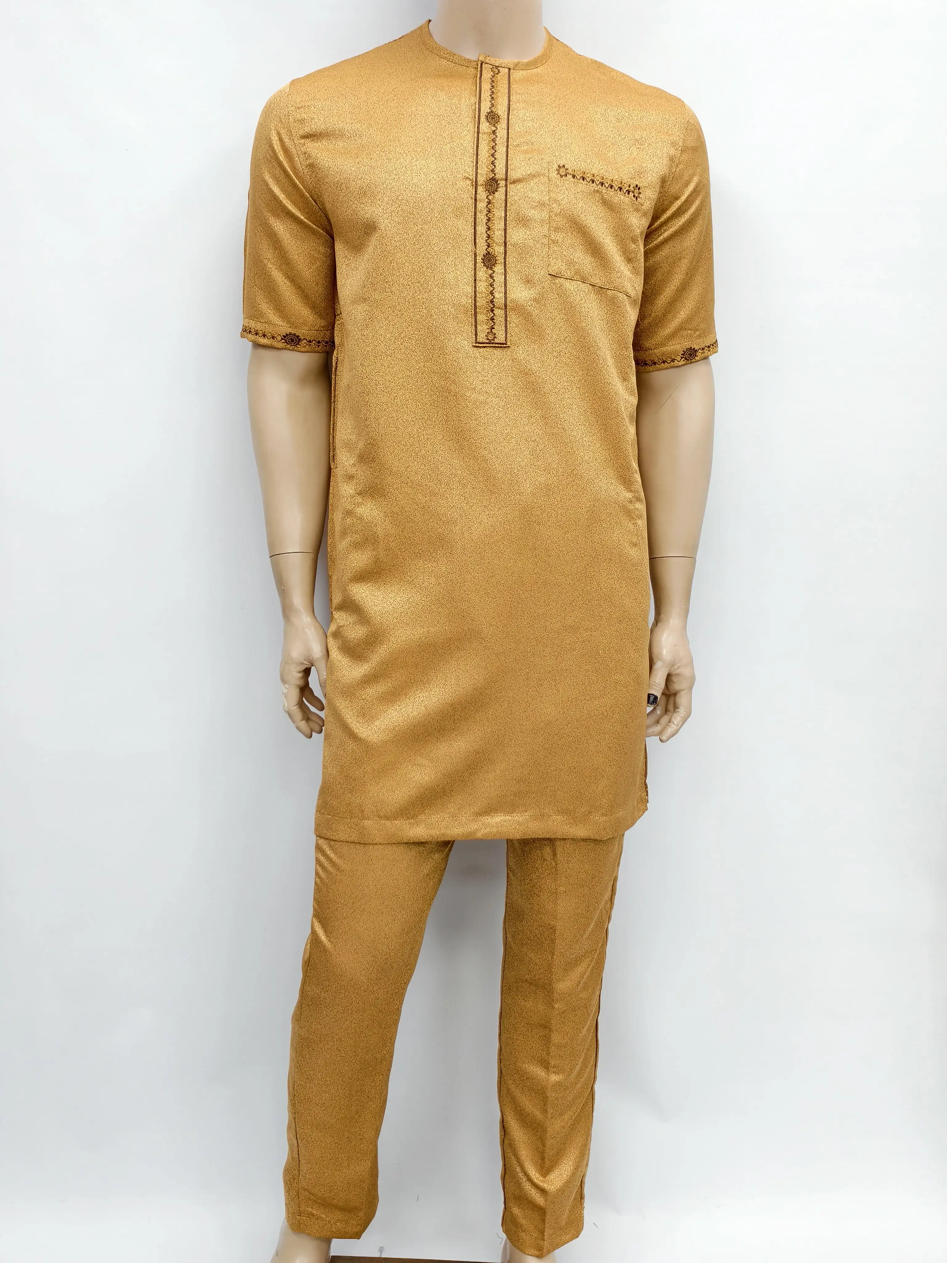 Islâmico muçulmano árabe marroquino masculino moda moderna médio robe manga curta bordado em torno do pescoço árabe jubba thobe roupas