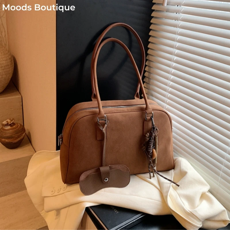 Big Size Women Bowling Bags Suede Pure Color Large Capacity Shoulder Crossbody Bag With Long Strap 2024 Luxury Designer Handbags