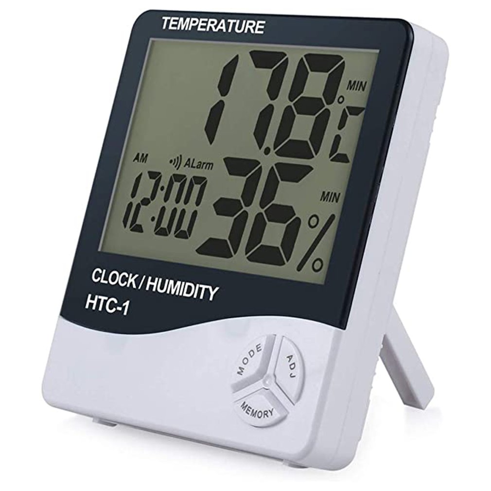 HTC-1 termohigrómetro electrónico estación meteorológica con reloj LCD electrónico Digital temperatura humedad medidor hogar