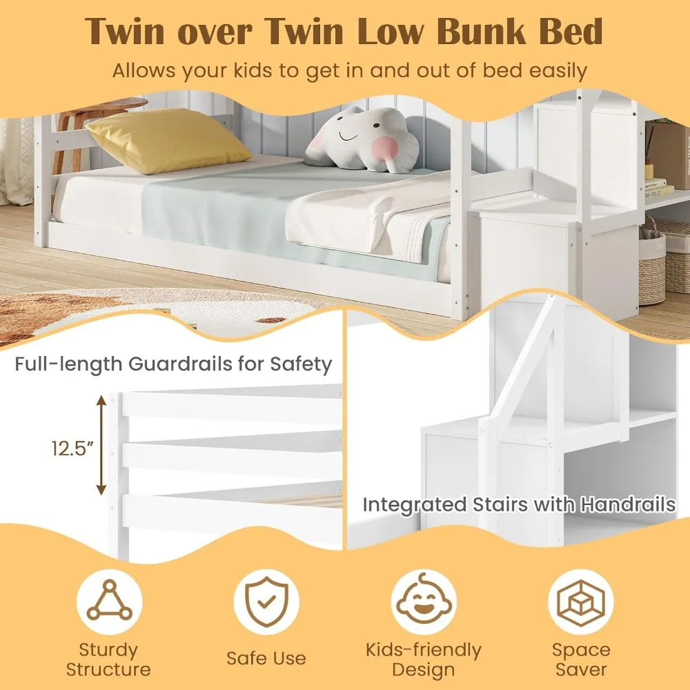 Twin Over Twin Bunk Bed with Stairs, Solid Wood Floor Bunk Bed with Storage Staircase & Full-Length Guardrails,