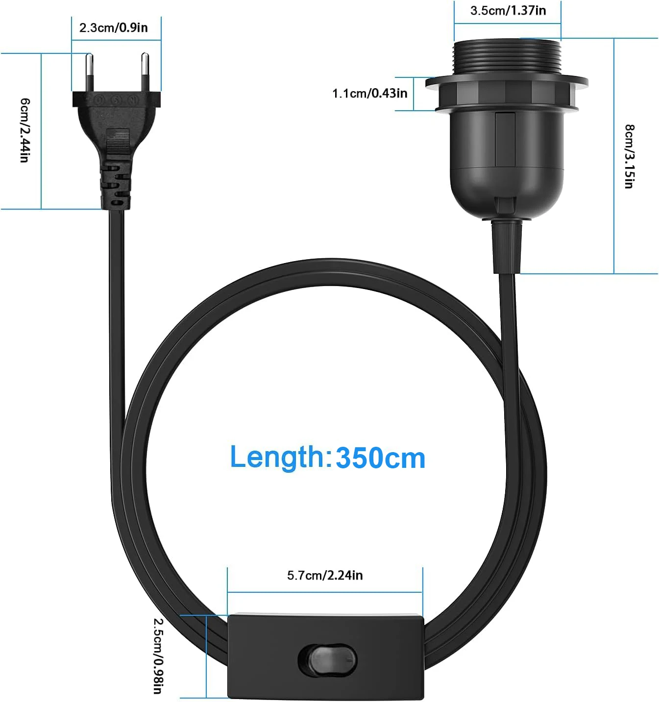 1.8m 3.5m 6m Power Cord Cables E26 E27 Half Teeth Lamp Base Holder With Switch Wire EU Plug For Pendant Led Bulbs Fixture