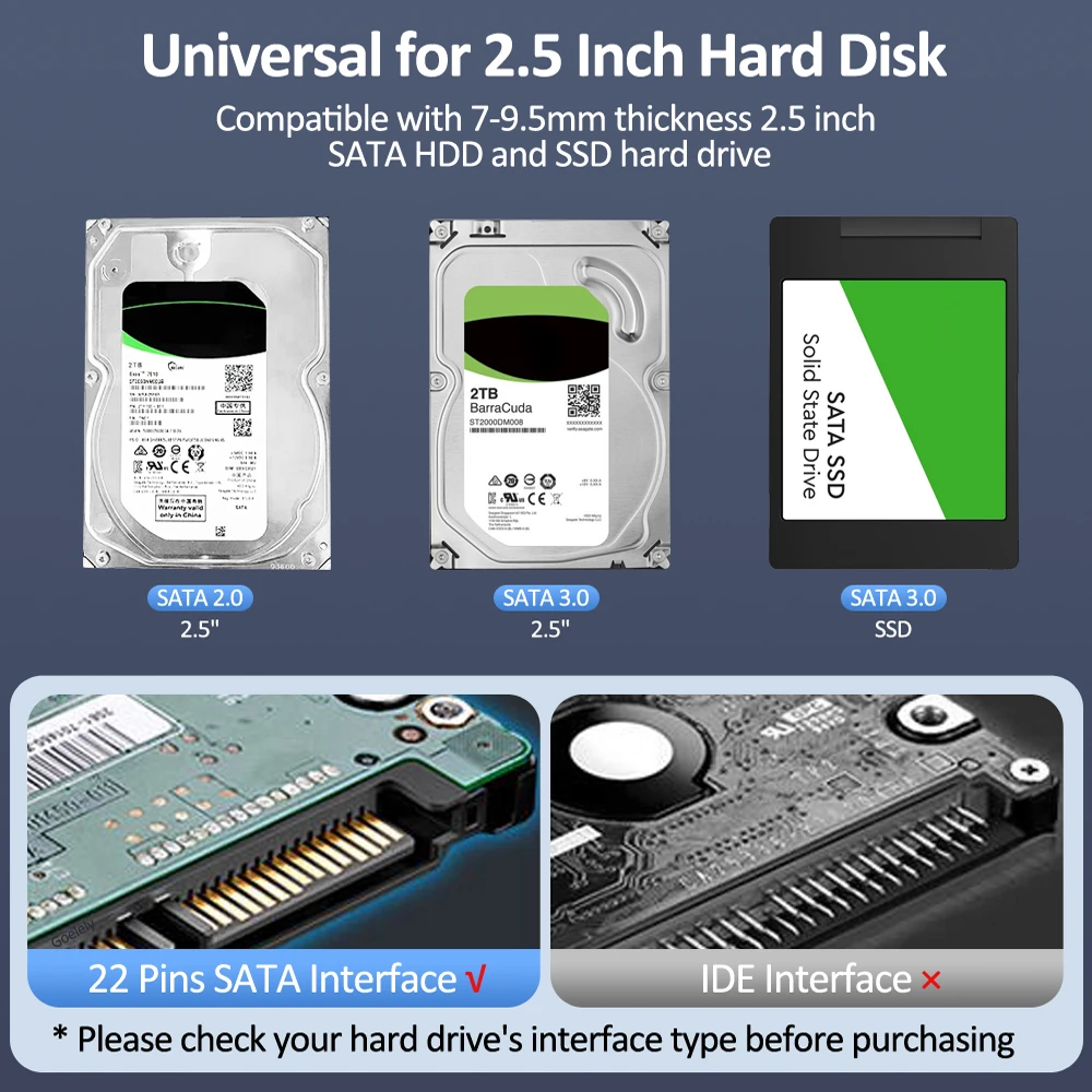 Caixa de disco rígido externo, caixa do disco rígido, SATA para USB 3.2, gabinete SSD, UASP, 2,5"