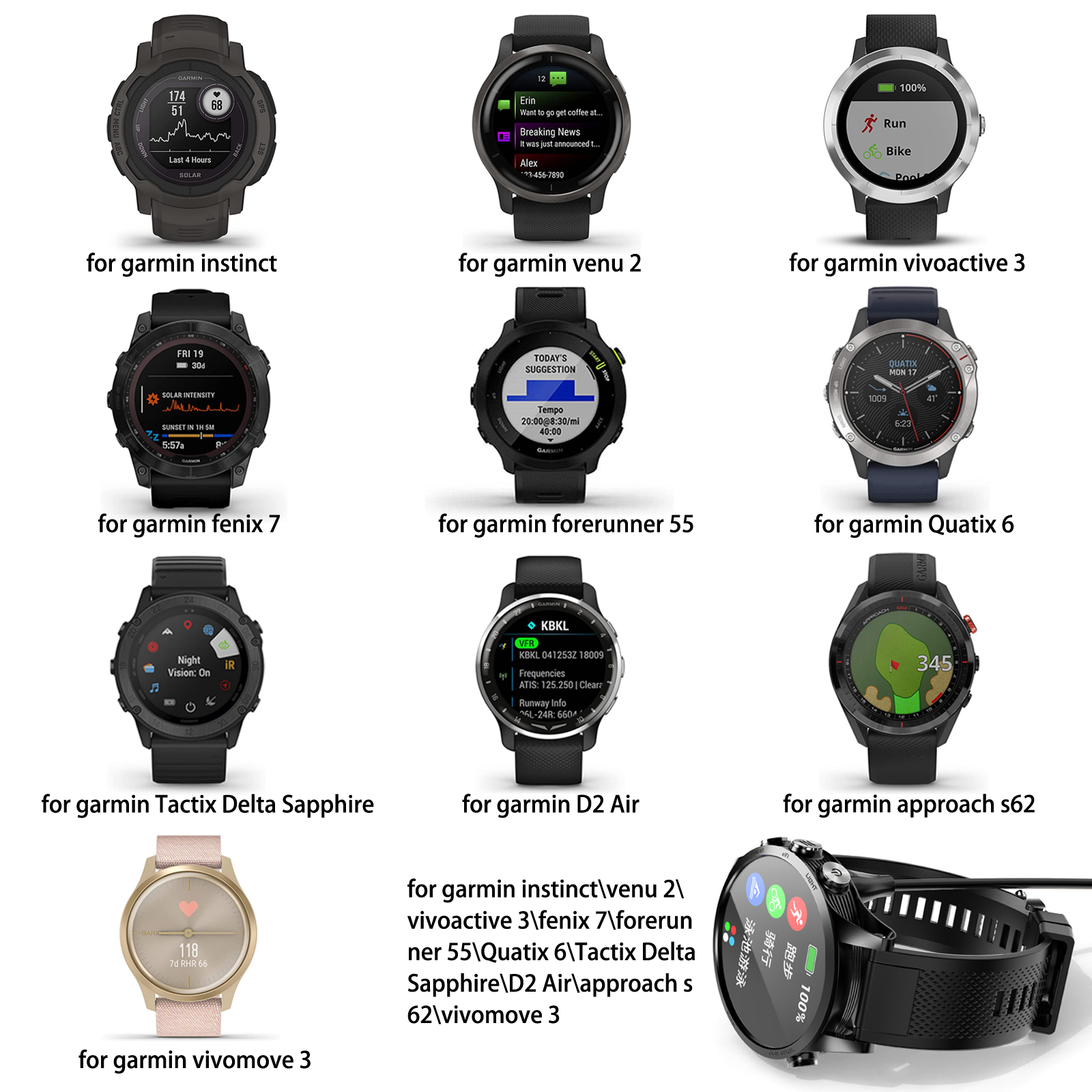 2 шт./1 шт./партия, зарядное устройство USB для Garmin Instinct/CAME 2/Vivoactive 3/Fenix 7/Forerunner 55/Quatix 6/D2 Air/Vivomove 3, зарядный кабель