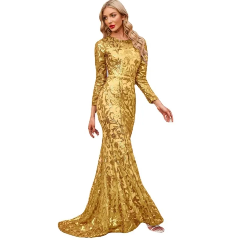 Vestidos de Fiesta de lujo para mujer, Vestido largo de sirena de manga larga con lentejuelas, color dorado, de alta calidad, elegante, para invitados de boda