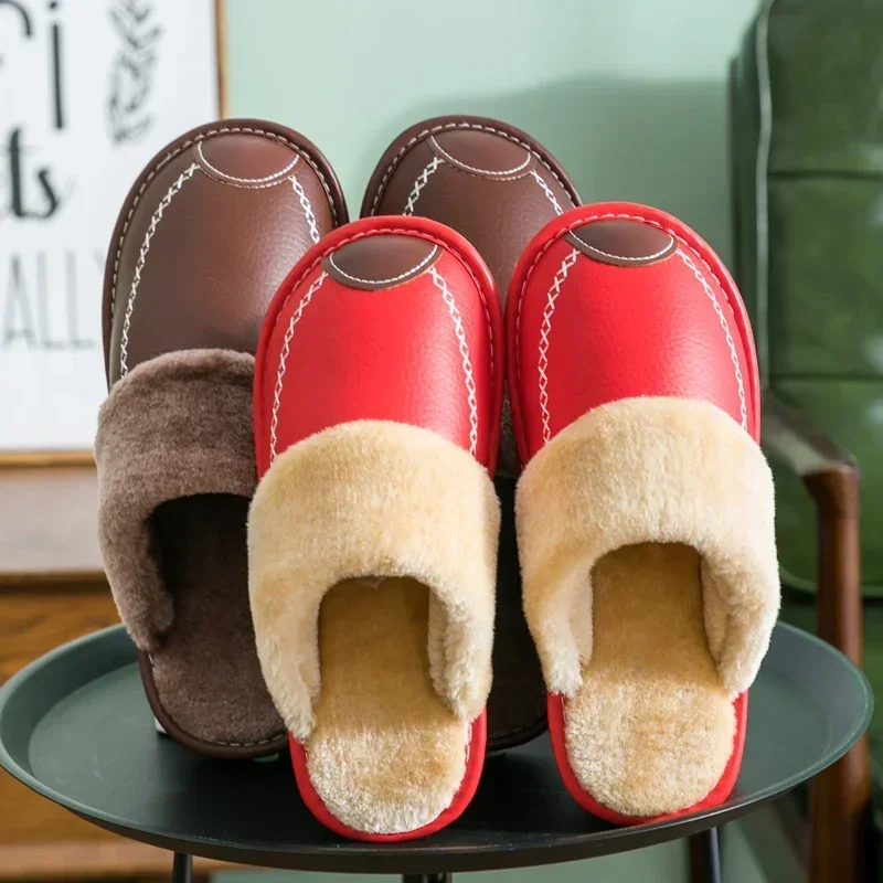 Homens inverno chinelos de couro quarto chinelos de algodão masculino à prova dwaterproof água grosso mais veludo interior casa quente chinelos sapatos
