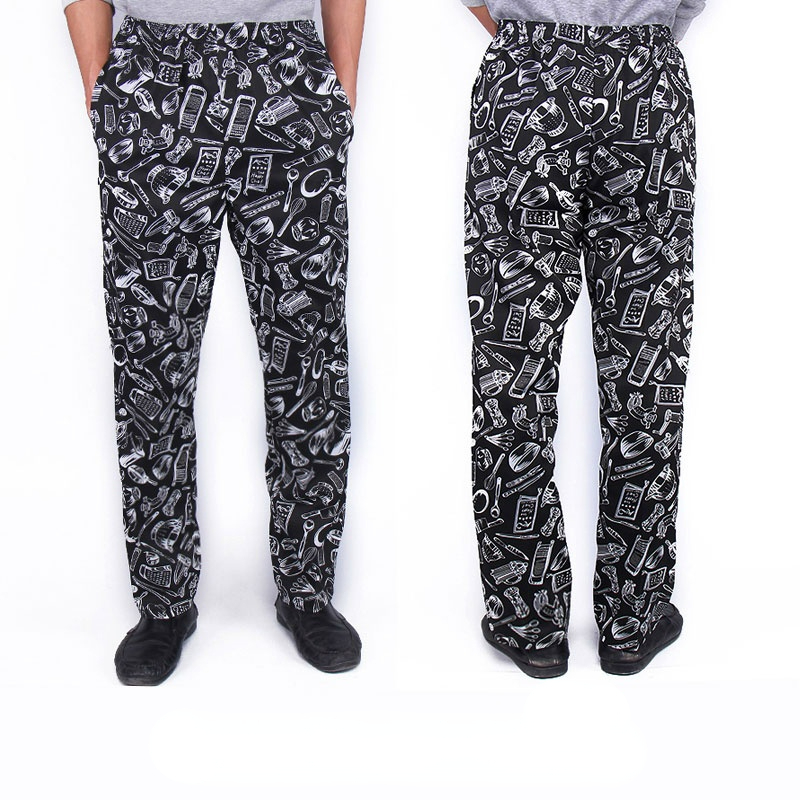 U nisexแฟชั่นเอวยางยืดออกแบบกางเกงเชฟพริกช้อนส้อมเครื่องครัวแบบร้านอาหารโรงอาหารเชฟกางเกงทํางาน