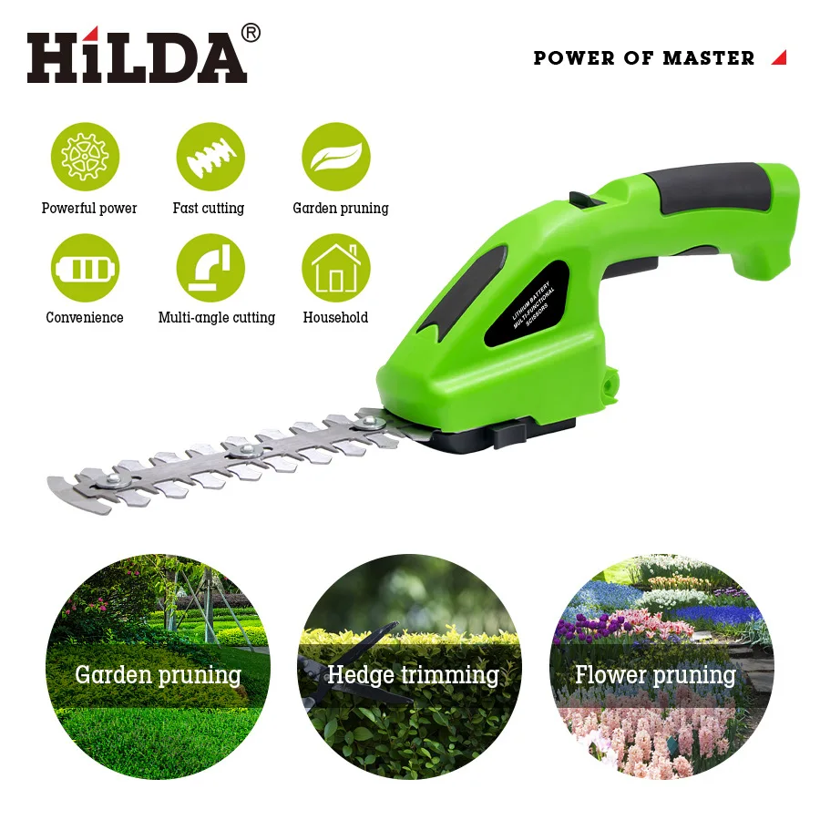 Hilda เครื่องตัดหญ้าไฟฟ้าเครื่องตัดแต่งกิ่งพุ่มไม้แบบ2-in-1, ที่กันจอนไม้พุ่มน้ำหนักเบาไร้สายสีเขียว