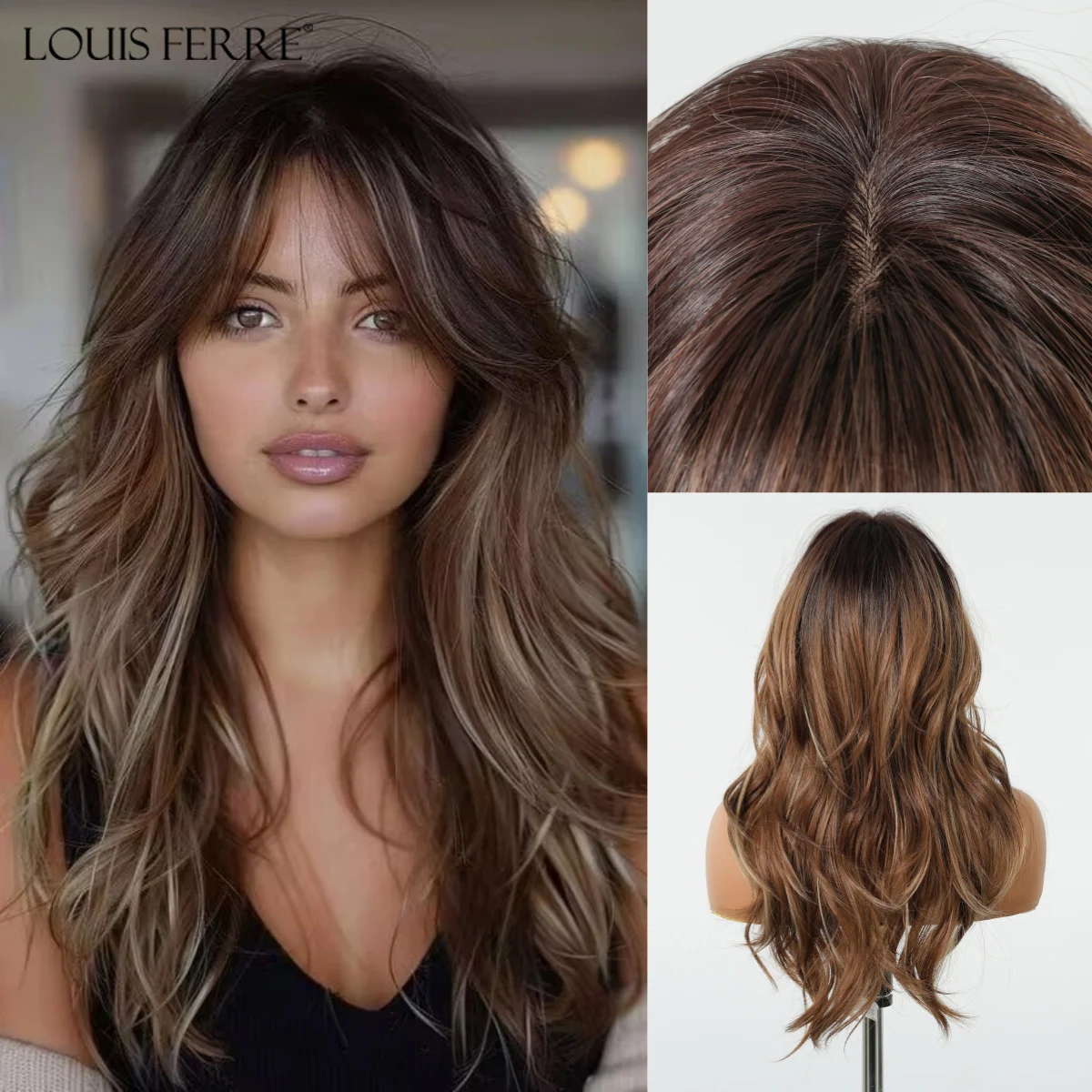 Pelucas sintéticas de capas largas y onduladas para mujer, pelucas con reflejos marrones y flequillo lateral, pelo Natural, peluca resistente al calor para fiesta diaria